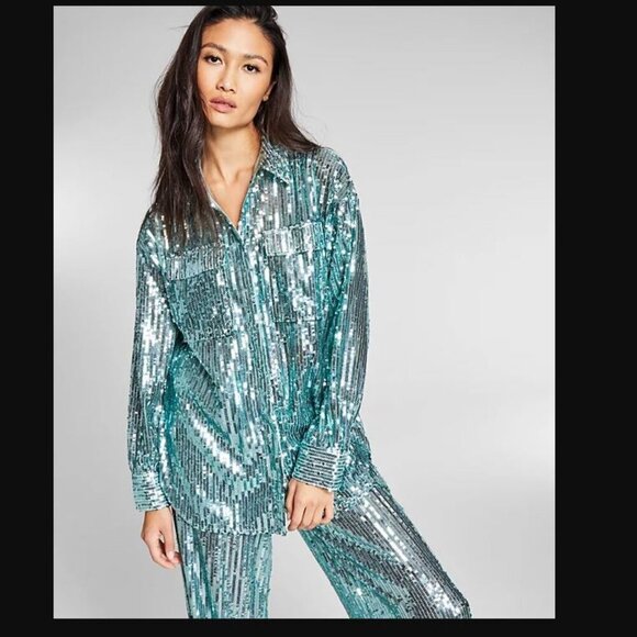 NWT Jeannie Mai X INC Sheer Sequin Oversized Shirt - Picture 1 of 5